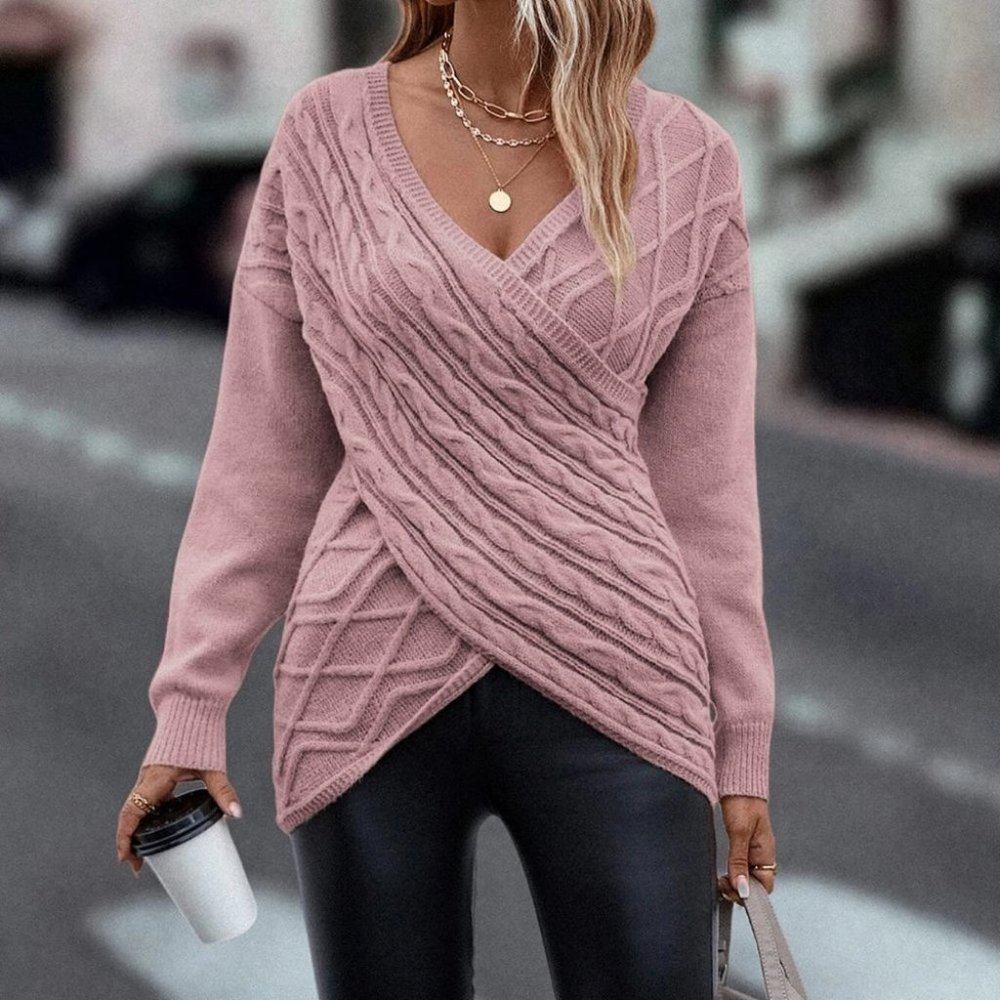 Dusty Pink Casual Womens Wrap Cross Drop Shoulder Cable Knit Sweater - Picture 3 of 5